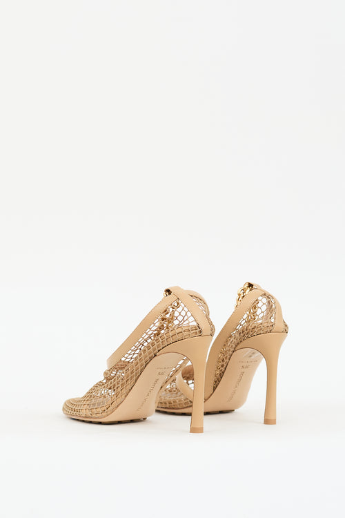 Bottega Veneta Beige Mesh & Leather Chained Ankle Heel