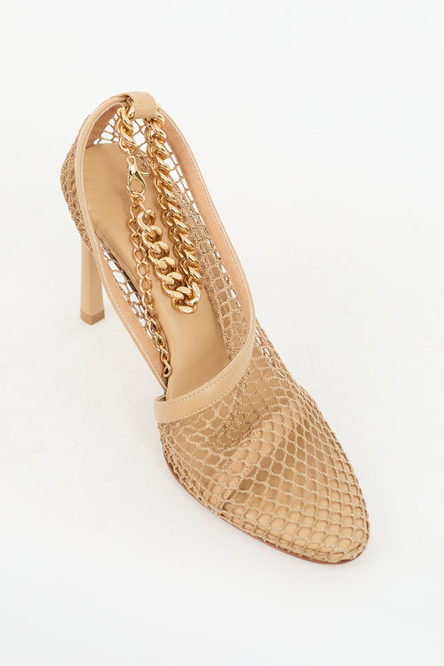 Bottega Veneta Beige Mesh & Leather Chained Ankle Heel