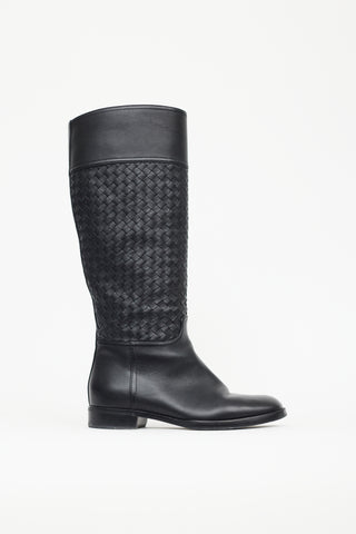 Bottega Veneta Black Leather Intrecciato Pattern Riding Boot