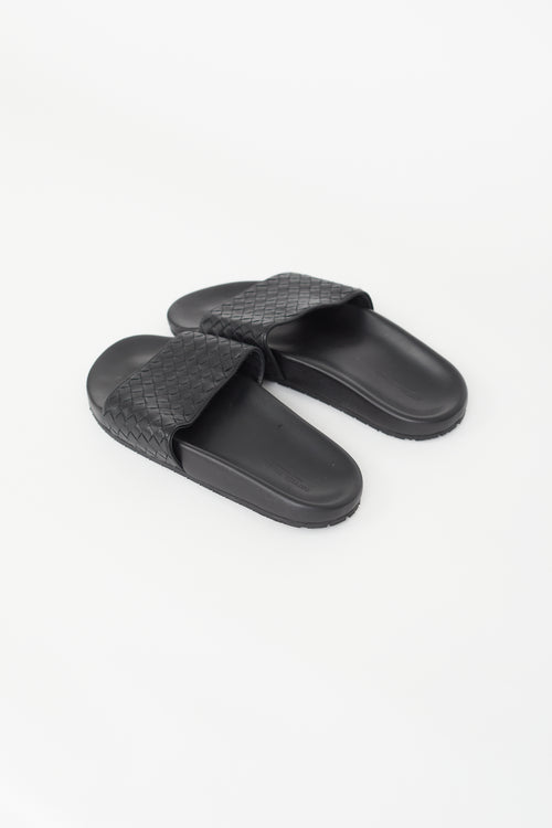 Bottega Veneta Black Leather Intrecciato Woven Slide