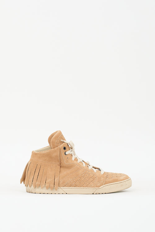 Bottega Veneta Beige Suede Fringe Intrecciato  Sneaker