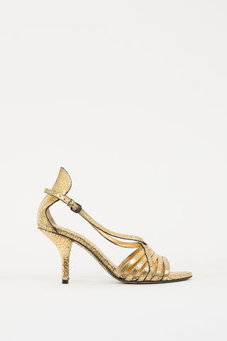 Bottega Veneta Gold Metallic Crackle Leather Strappy Heel