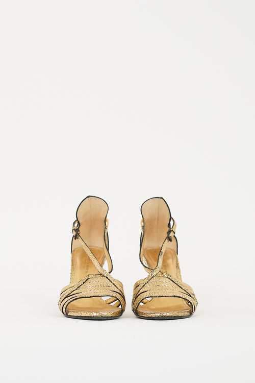 Bottega Veneta Gold Metallic Crackle Leather Strappy Heel