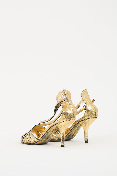 Bottega Veneta Gold Metallic Crackle Leather Strappy Heel