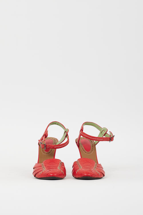 Bottega Veneta Red Textured Leather Caged Heel