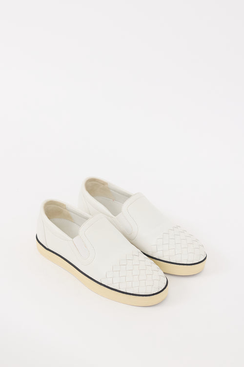 Bottega Veneta White Leather Intrecciato Slip On Sneaker