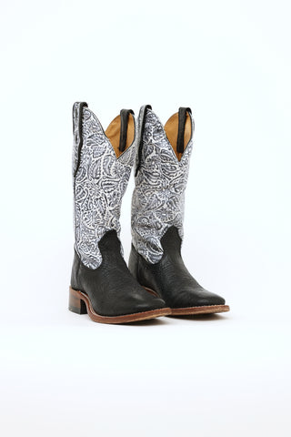 Boulet Black & White Floral Embossed Western Boots