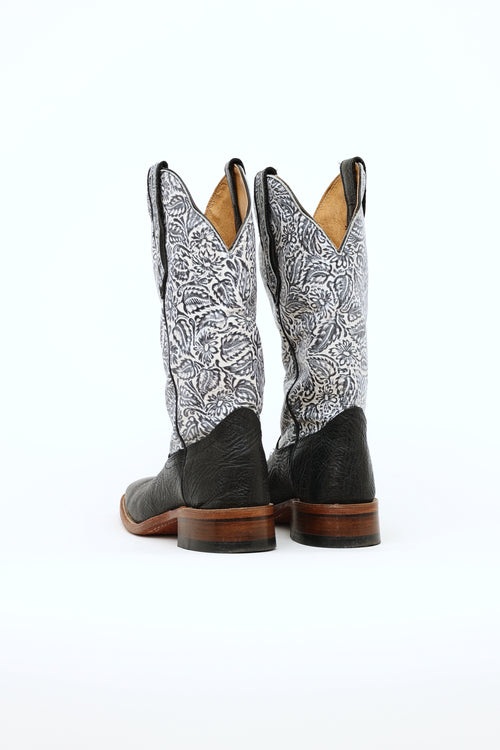 Boulet Black & White Floral Embossed Western Boots