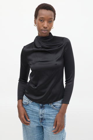 Brandon Maxwell Black Silk Draped High Neck  Top