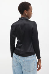 Brandon Maxwell Black Silk Draped High Neck  Top