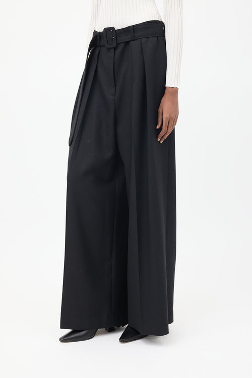 Brandon Maxwell Black Wool Wide Leg Belted Trouser