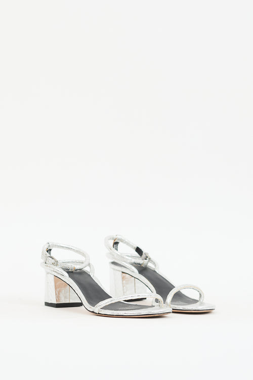 Brian Atwood Silver Textured Leather Ankle Strap Sandal