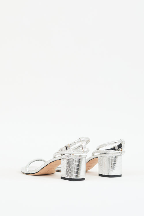 Brian Atwood Silver Textured Leather Ankle Strap Sandal