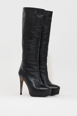 Brian Atwood Black Leather Concealed Platform Knee High Boot