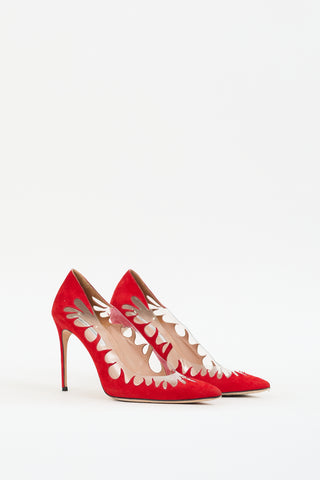 Brian Atwood Red & Clear Suede & PVC Victory Cut Out Pump