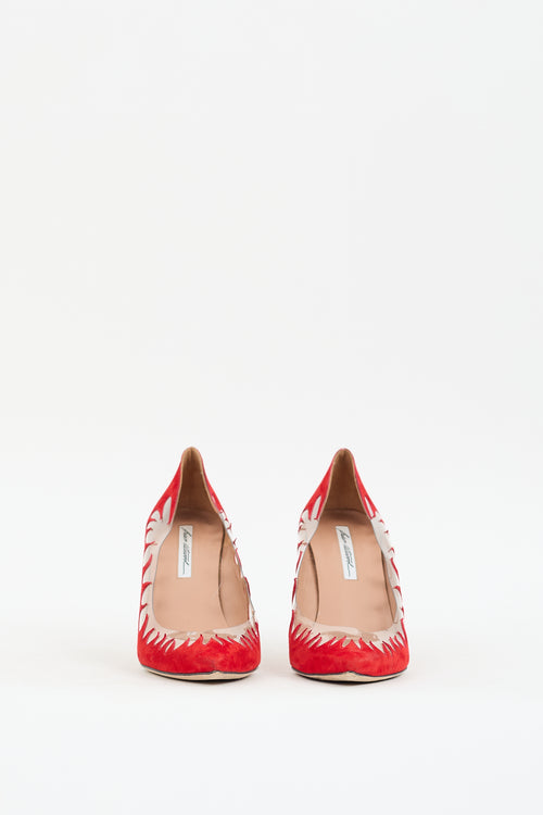 Brian Atwood Red & Clear Suede & PVC Victory Cut Out Pump