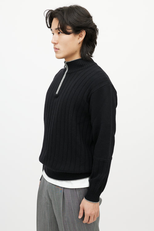 Brioni Black Ribbed Knit Quarter Zip Sweater