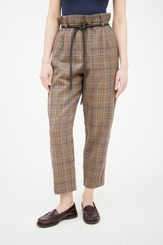 Brunello Cucinelli Beige & Multicolour Wool Plaid Belted Trouser