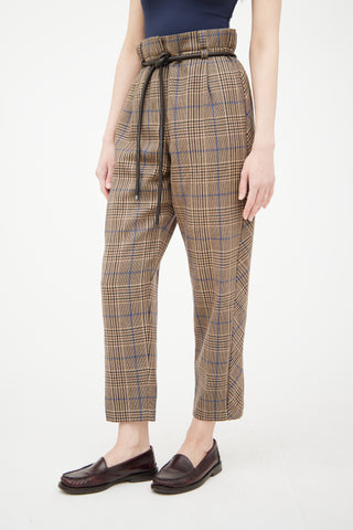 Brunello Cucinelli Beige & Multicolour Wool Plaid Belted Trouser