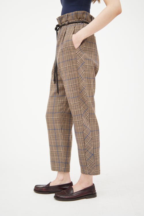 Brunello Cucinelli Beige & Multicolour Wool Plaid Belted Trouser