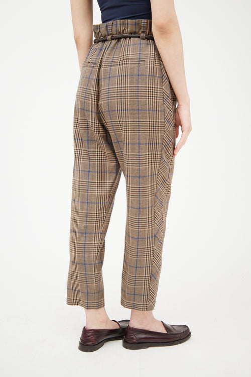 Brunello Cucinelli Beige & Multicolour Wool Plaid Belted Trouser