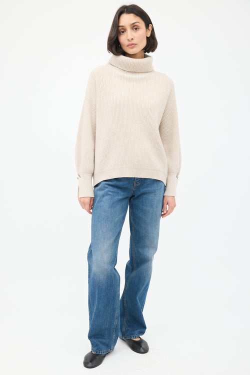 Brunello Cucinelli Beige Cashmere Ribbed Turtleneck Sweater