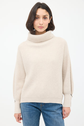 Brunello Cucinelli Beige Cashmere Ribbed Turtleneck Sweater