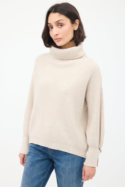 Brunello Cucinelli Beige Cashmere Ribbed Turtleneck Sweater