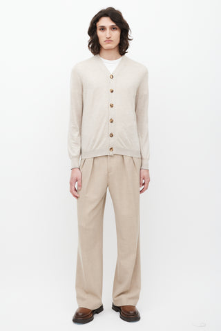 Brunello Cucinelli Beige Cashmere & Silk V-Neck Cardigan