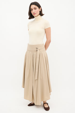 Brunello Cucinelli Beige Cotton Pleated Asymmetrical Midi Skirt