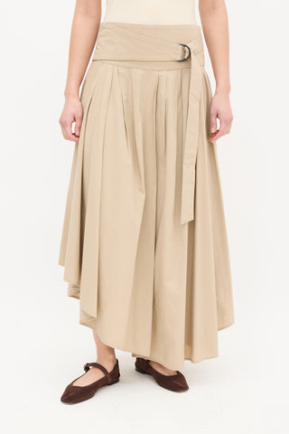 Brunello Cucinelli Beige Cotton Pleated Asymmetrical Midi Skirt