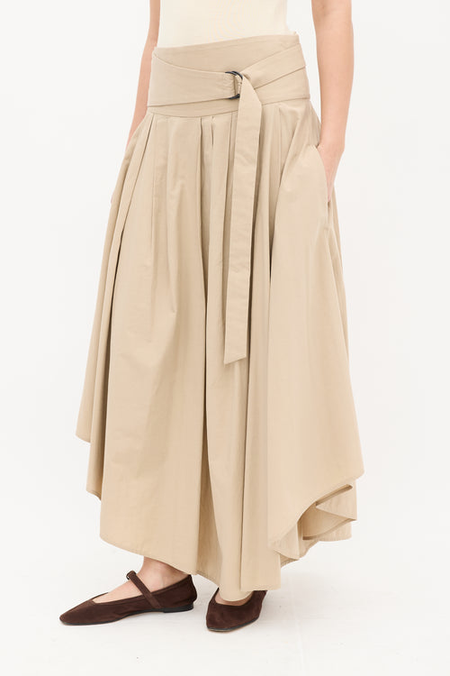 Brunello Cucinelli Beige Cotton Pleated Asymmetrical Midi Skirt