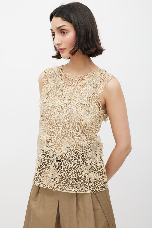 Brunello Cucinelli Beige & Silver Floral Crocheted Monili Top