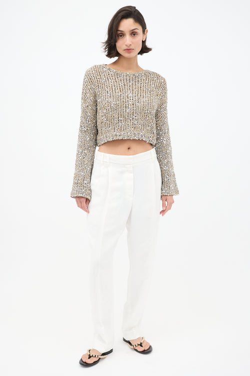 Brunello Cucinelli Beige & Silver Sequin Cropped Sweater