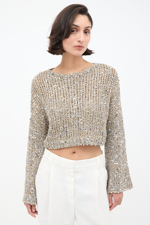 Brunello Cucinelli Beige & Silver Sequin Cropped Sweater