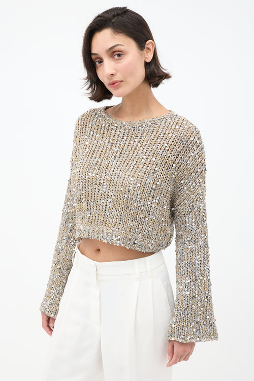 Brunello Cucinelli Beige & Silver Sequin Cropped Sweater