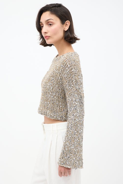 Brunello Cucinelli Beige & Silver Sequin Cropped Sweater