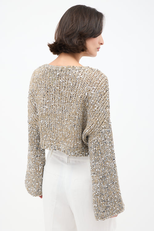 Brunello Cucinelli Beige & Silver Sequin Cropped Sweater