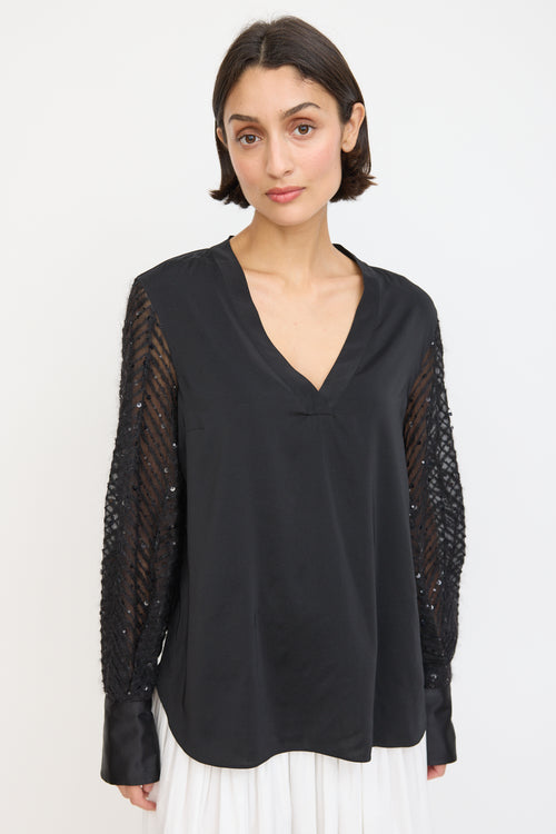 Brunello Cucinelli Black Silk & Mohair Sequinned Sleeve Top