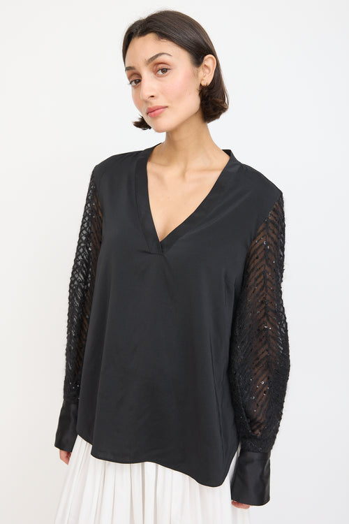 Brunello Cucinelli Black Silk & Mohair Sequinned Sleeve Top