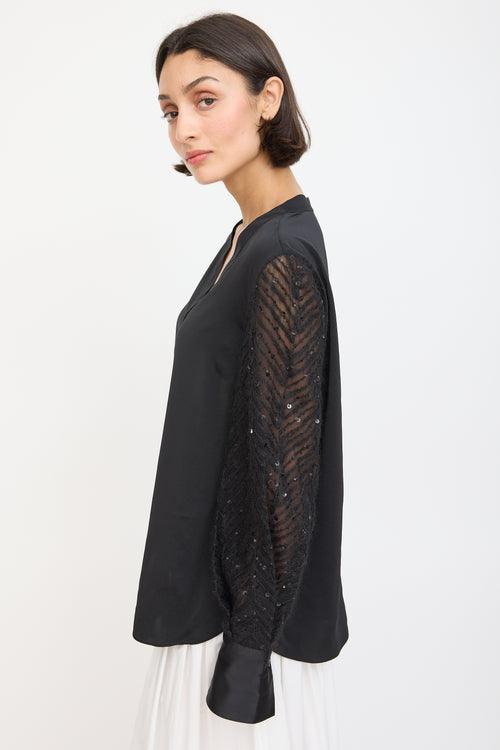 Brunello Cucinelli Black Silk & Mohair Sequinned Sleeve Top