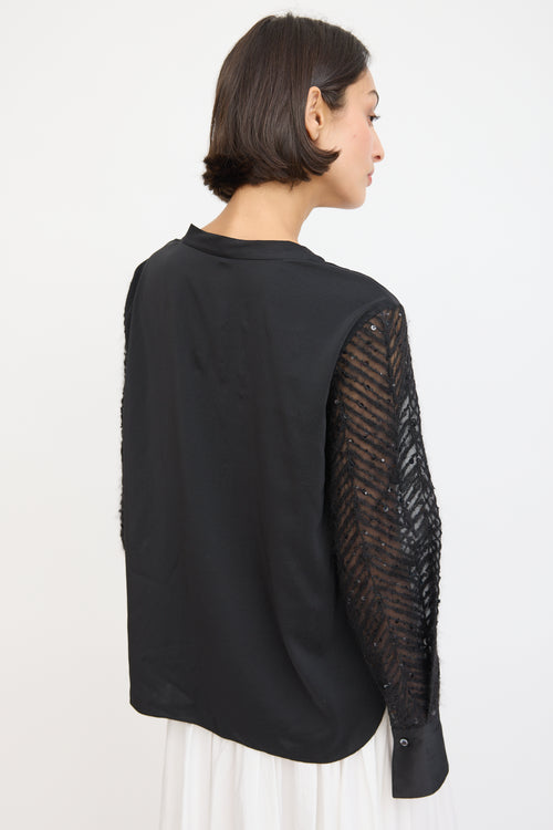 Brunello Cucinelli Black Silk & Mohair Sequinned Sleeve Top