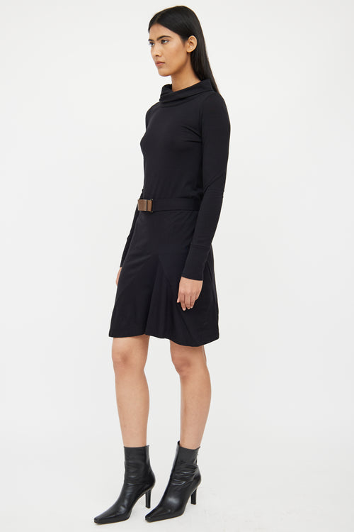 Brunello Cucinelli Black Wool Blend Belted Dress