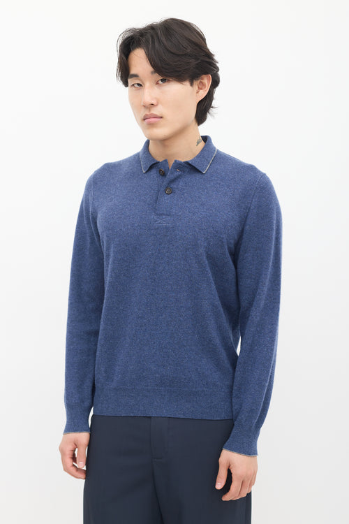 Brunello Cucinelli Blue Cashmere Long Sleeve Polo