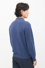 Brunello Cucinelli Blue Cashmere Long Sleeve Polo