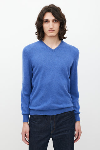 Brunello Cucinelli Blue Cashmere V Neck Sweater