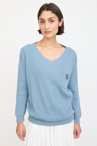 Brunello Cucinelli Blue Cotton One Pocket Monili Sweater