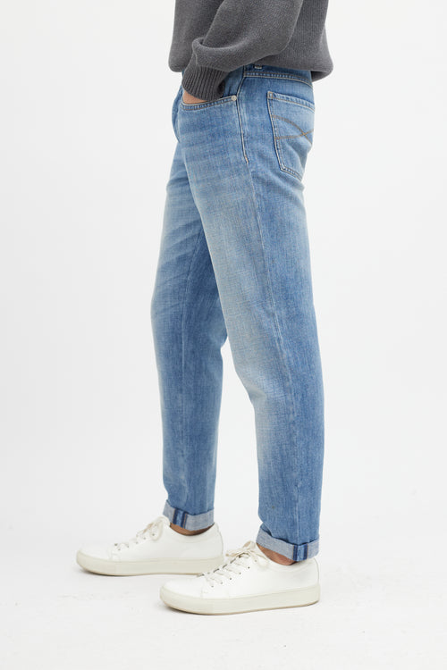 Brunello Cucinelli Blue Slim Cuffed Denim Jeans