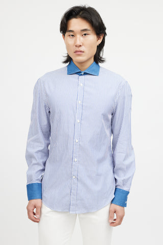Brunello Cucinelli Blue & White Denim Trim Striped Shirt
