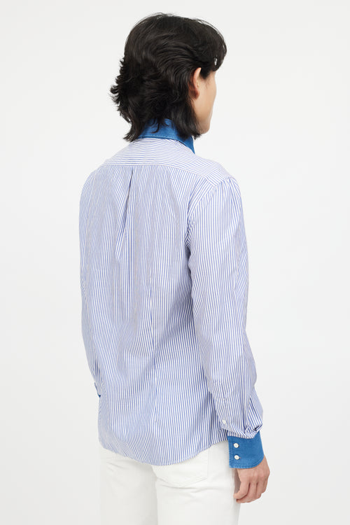 Brunello Cucinelli Blue & White Denim Trim Striped Shirt
